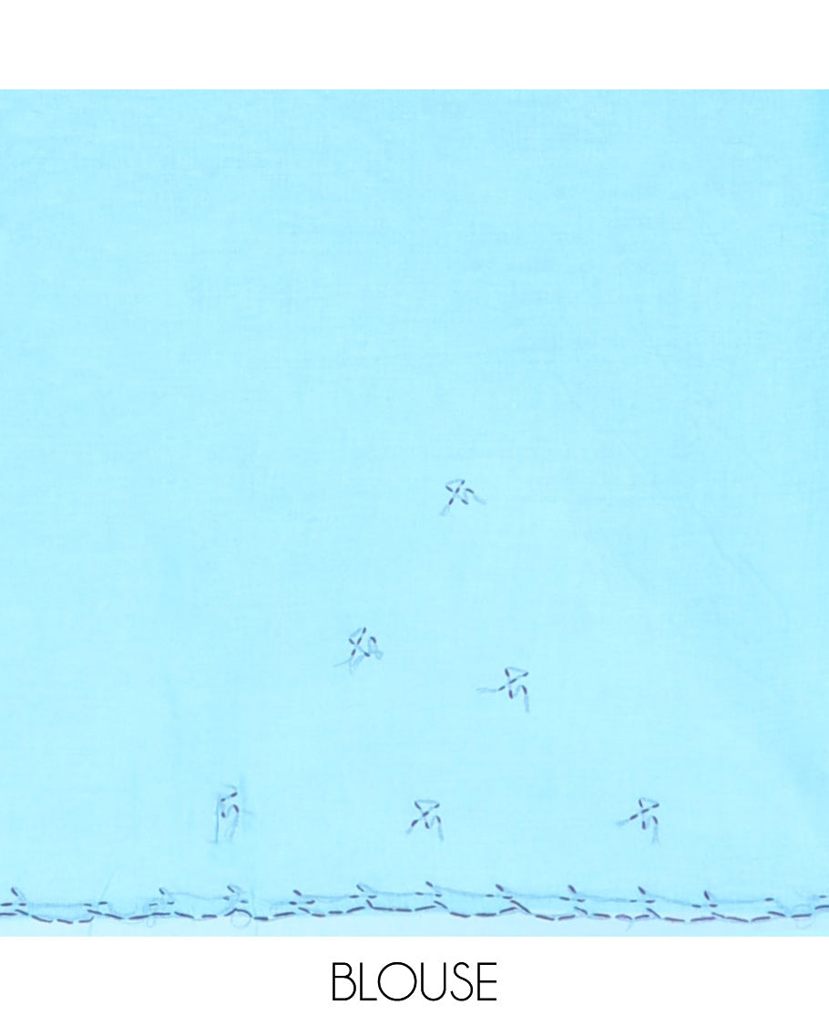 Blue floral embroidery lucknowi chikankari cotton saree,self-border & pallu of floral & paisley embroidery