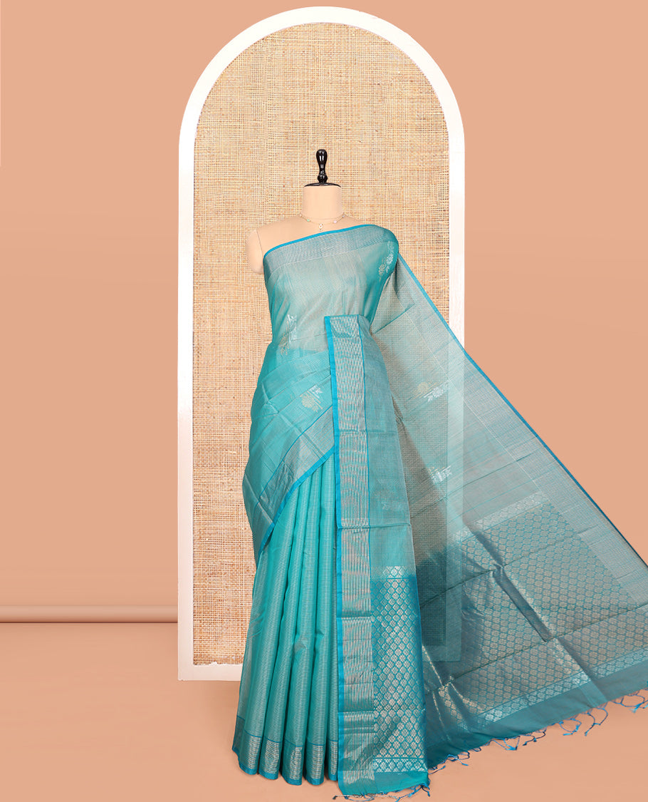 Blue Silk Cotton Saree, Woven with Floral Buttas, Highlighted by Self-Striped Border, Pallu of Floral Designs, and a Matching Blouse