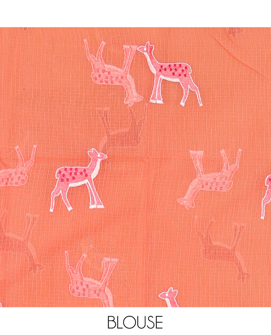 Pista Green Kota Doria Saree, Delicately Woven with Floral and Deer Embroidery, a Scallop Border, and a Contrast Deer Embroidery Blouse
