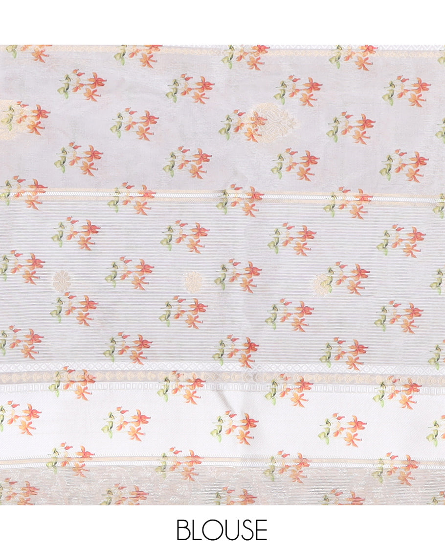 Borderless Cream Semi-Tussar Saree Features Zari Stripes and Floral Print, a Self-Pallu, Matching Blouse