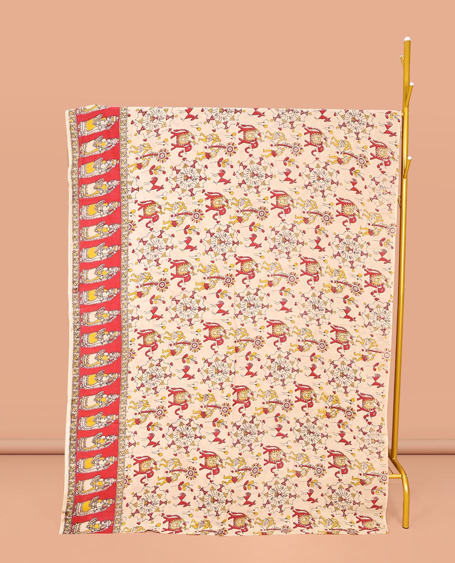 Light Cream Machine-Printed Kalamkari Cotton Saree, Artfully Printed with Warli-Motifs on Its Body, Complemented by a Contrast Human Motifs Printed Border, Pallu of Lord Radha Krishnan Print, and Paired with a Printed Blouse