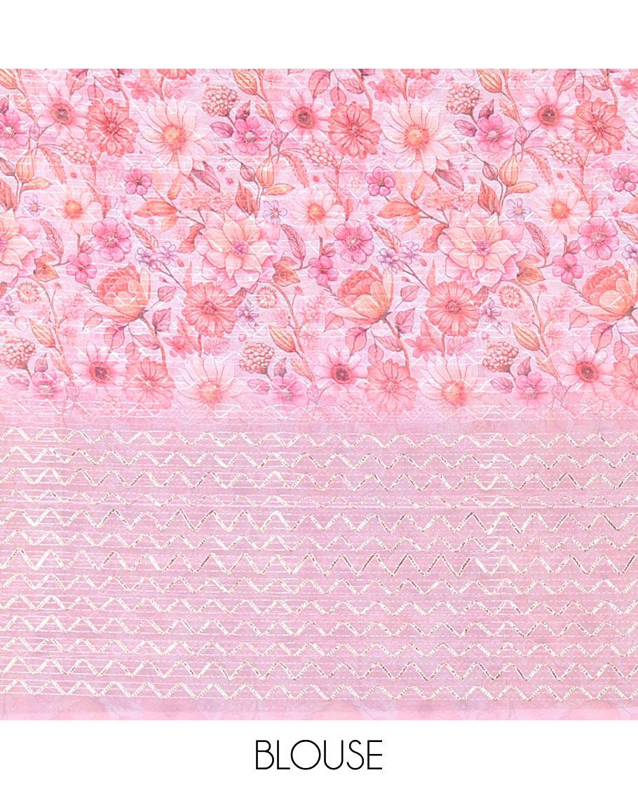 Borderless dusky pink sparkling glittered russel net saree, self-pallu and a floral print with zig-zag embroidered blouse