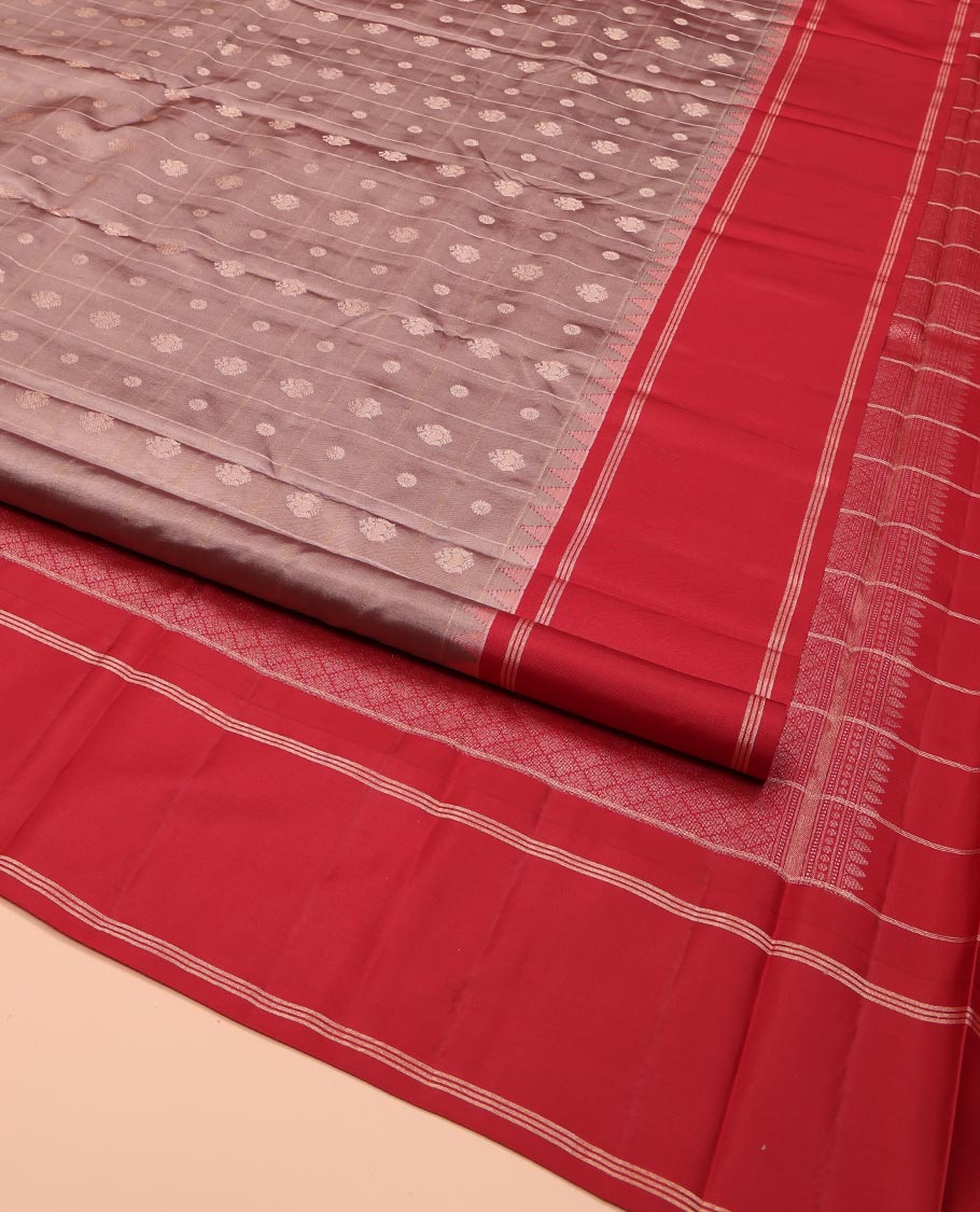 Pale Brown Kanchipuram Silk Saree, Delicately Woven with Iruthalaipakshi Butta Enclosed Checks on Its Body, Complemented by a Contrast Temple Border, Sparsely Woven Jaal Pallu, and Paired with a Contrast Blouse