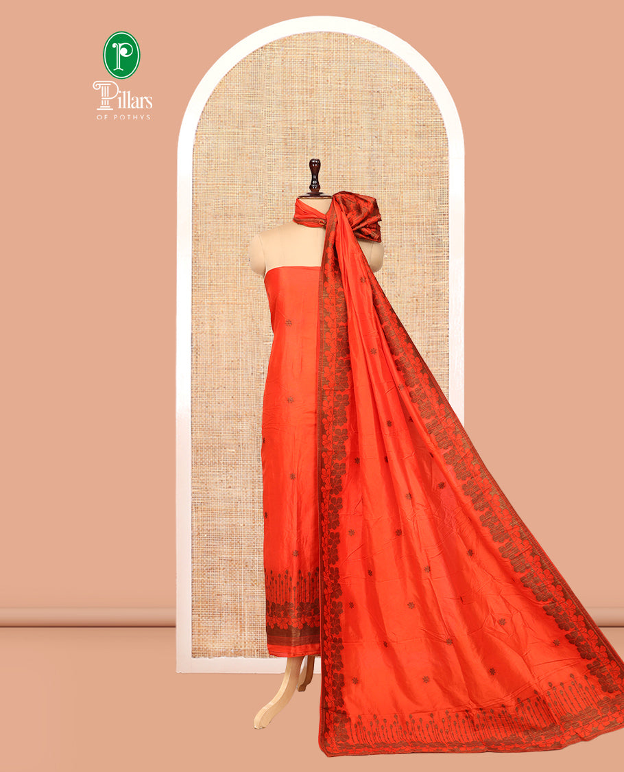 Orange Semi Silk Material Chudidar Set, Adorned with Copper Zari Intricate Design Woven Top, a Santoon Bottom, Matching Dupatta