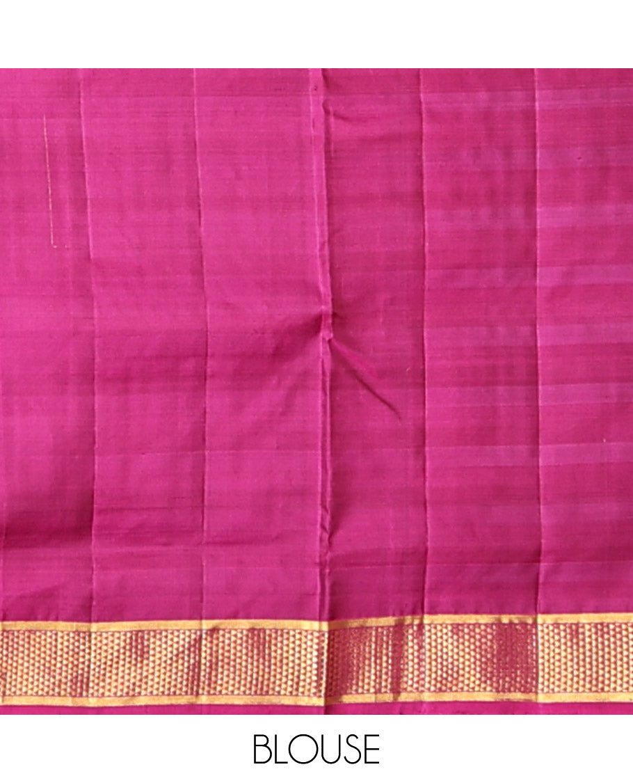 Multi-Color Nine-Yard Silk Saree, Steeped in Richness of Stripes and Zari Designs, Zari Border of Ara Maadam Designs, Pallu of Ara Maadam Designs, and Contrast Blouse