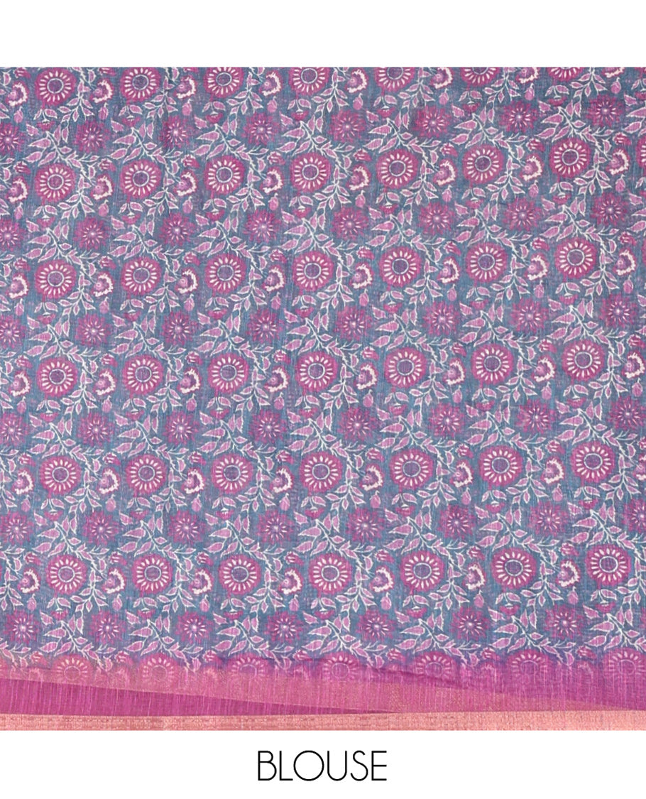 Magenta Linen Cotton Saree, Finely Crafted with Floral Motifs Printed on Its Body, Subtle Piping Border, Complemented by a Contrast Floral Printed Blouse, and Paired with a Contrast Blouse