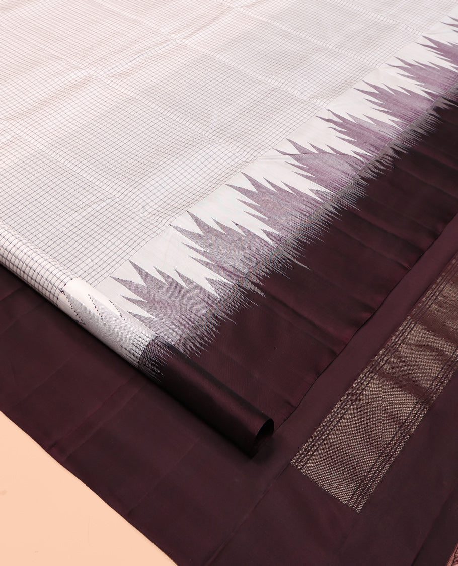 White Checked Kanchipuram Silk Saree, a Contrast Thazampoo Rekku Border, Zari-Woven Pallu, and a Contrast Blouse