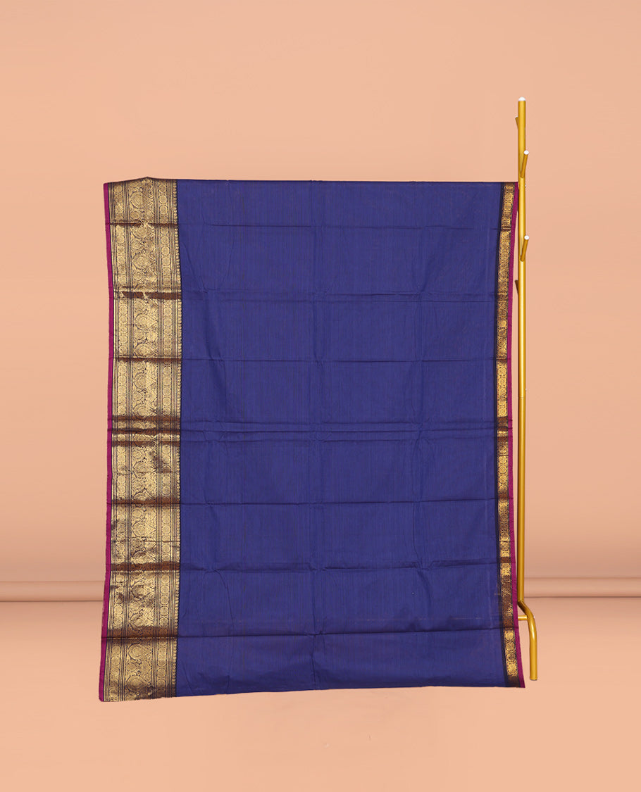 Blue Plain Chettinad Cotton Saree, Complemented by a Contrast Traditional Zari Design Border, Pallu of Stripes, and Paired with a Matching Blouse