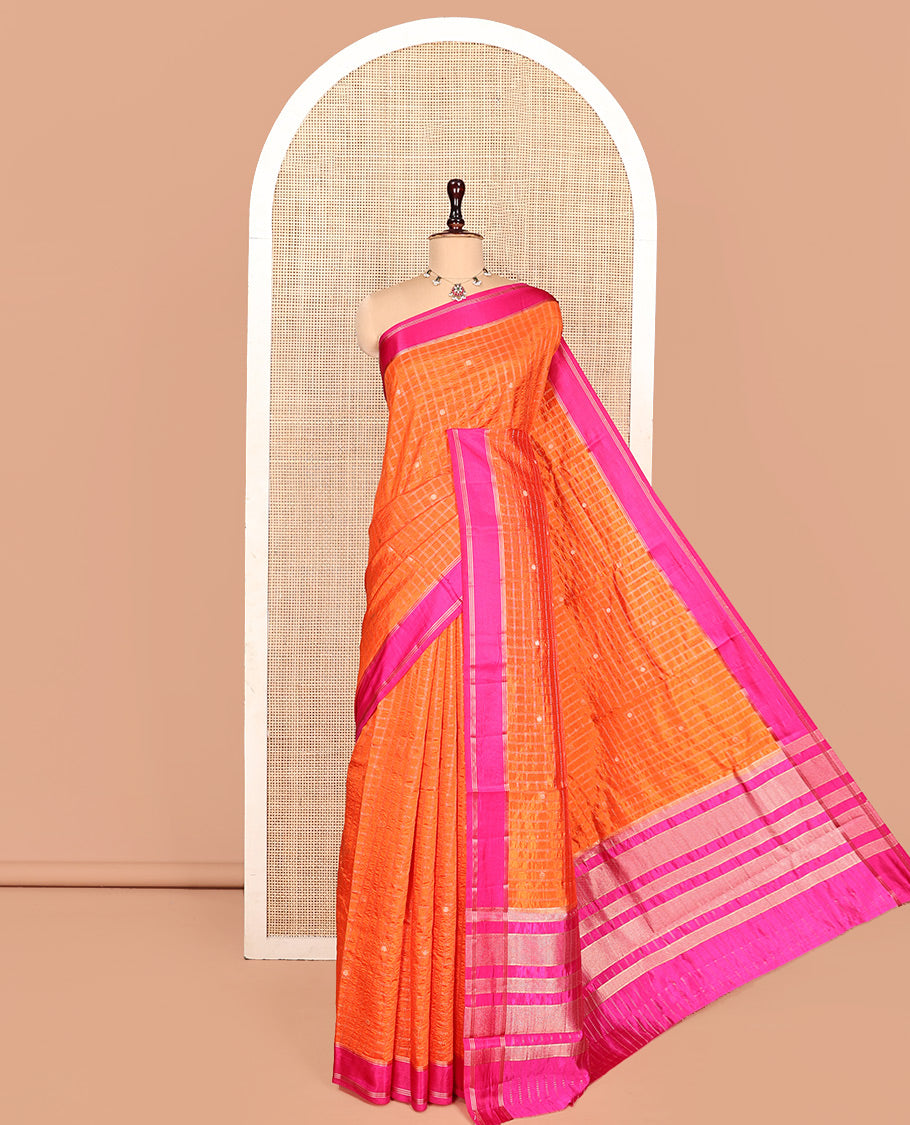 Orange Semi-Banarasi Dupion Saree, Embellished with Zari Butta Enclosed Checks, a Contrast Zari Striped Border, Striped Pallu, and a Contrast Blouse