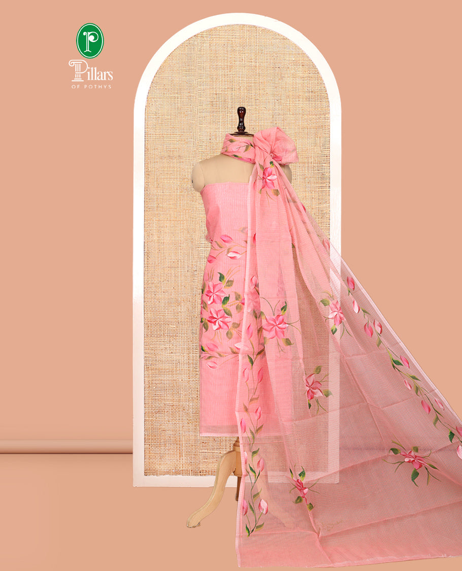 Pink Net Kota Material Churidar, Hand-Brush Painting Floral Top, a Plain Bottom, Floral Dupatta