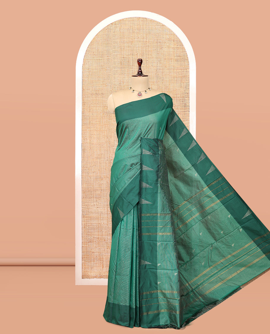 Green Arani Saree, Steeped with Zari Stripes, a Contrast Temple Border, Pallu of Zari Designs, and a Matching Blouse