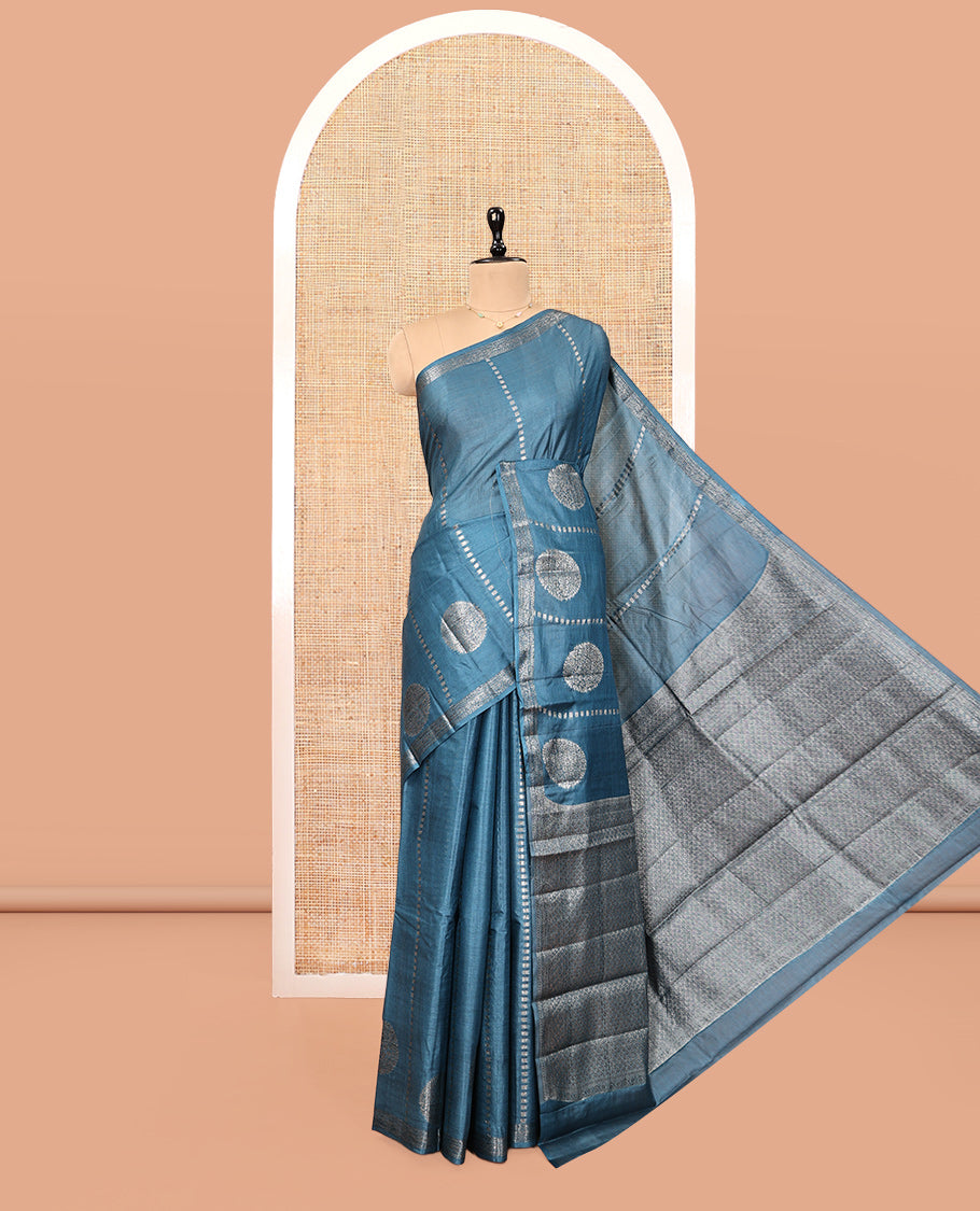 Blue Tussar Silk Saree, Finely Crafted with Zari Buttas and Stripes, a Piping Border, Jaal Pallu, and a Matching Blouse
