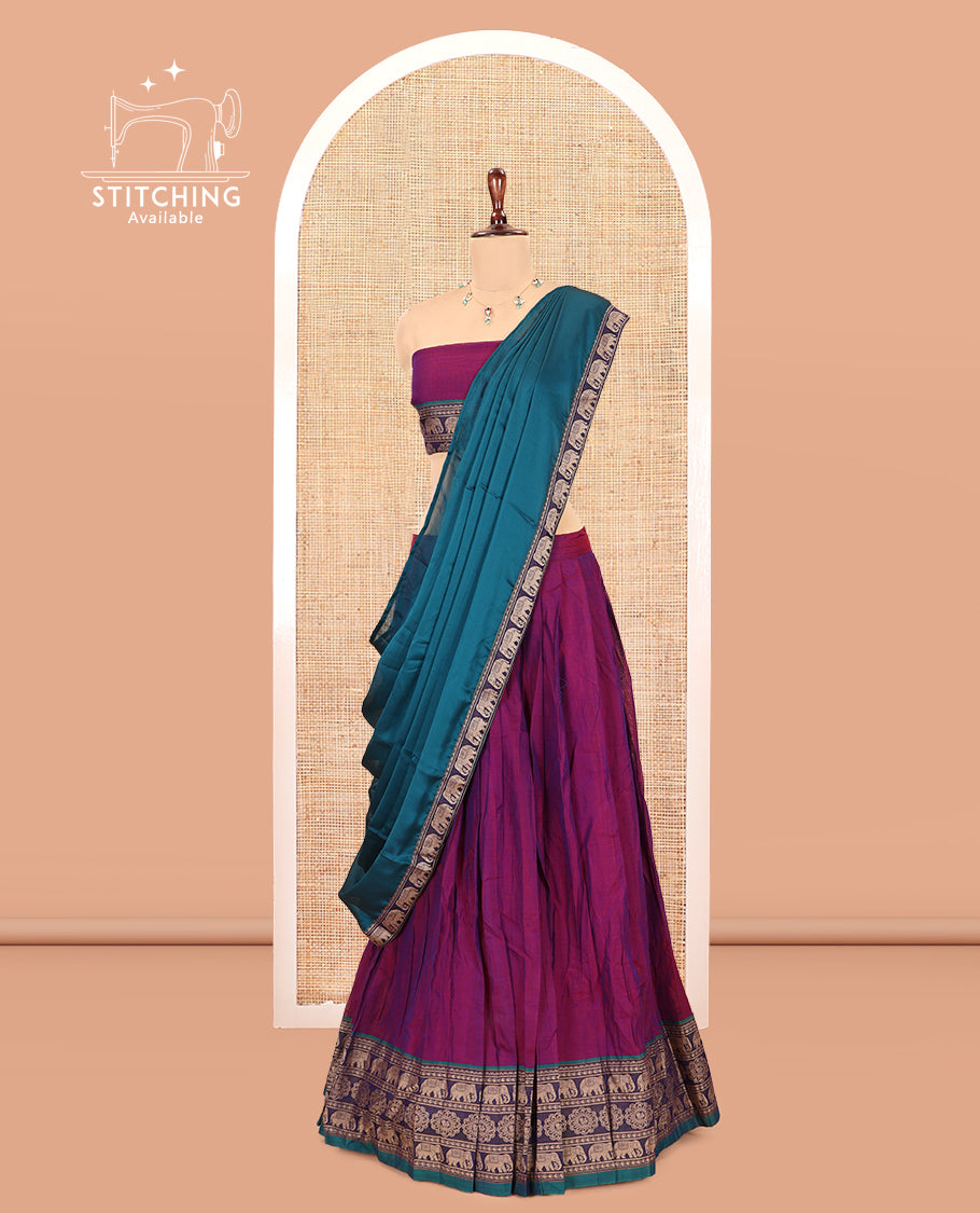 Magenta Mercerised Cotton Half-Saree, Plain Skirt, an Elephant Motif Border, a Matching Blouse, Contrast Dhavani