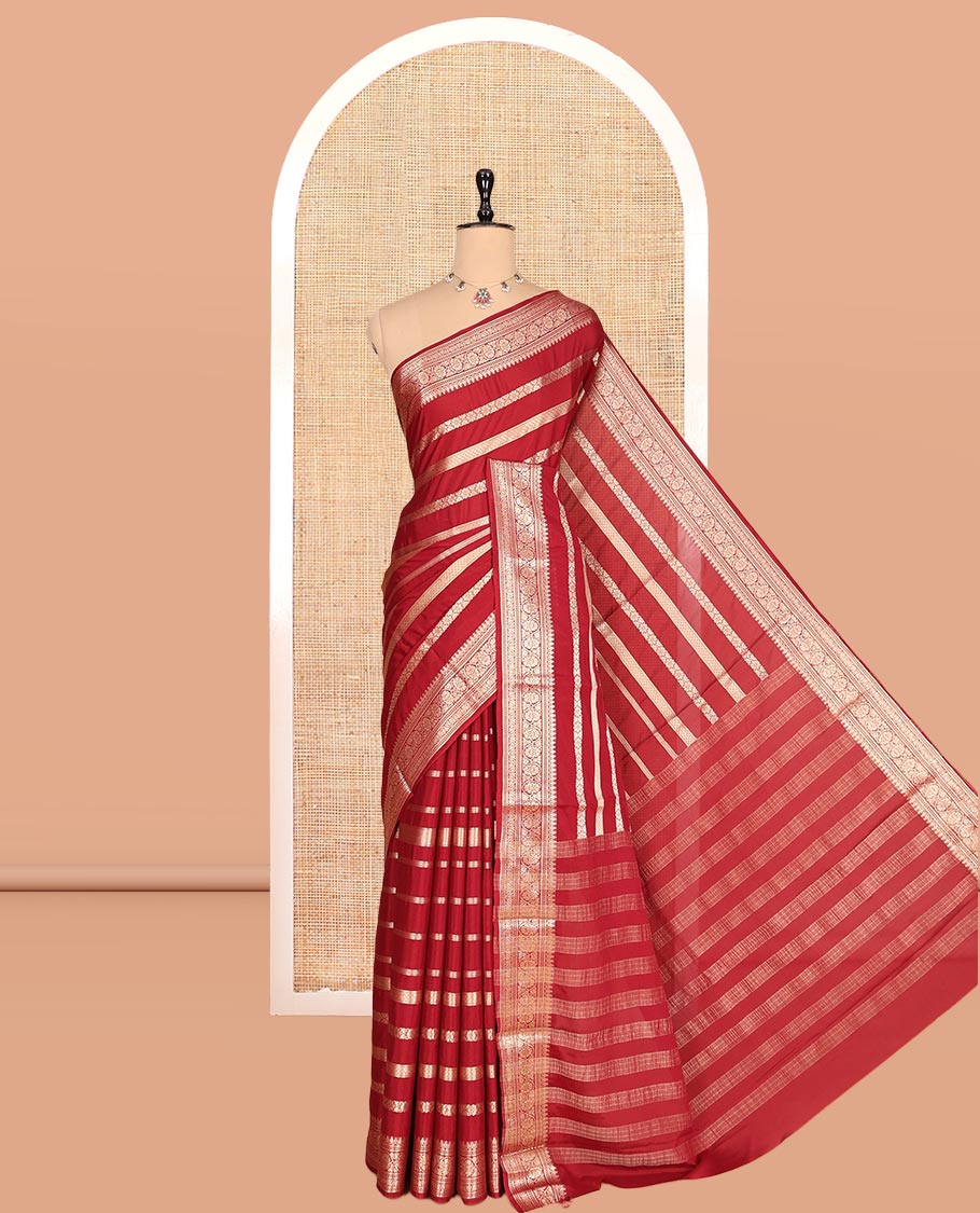 Maroon Zari Design Mysore Silk Saree, a Traditional Zari Border, Zari Striped Pallu, and a Matching Blouse