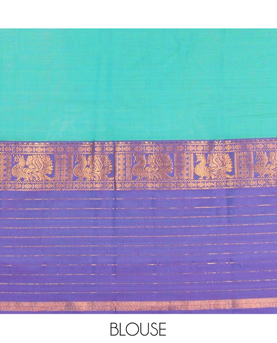 Sea Green Plain Mercerised Cotton Saree, Contrast Traditional Zari Peacock Border, Striped Pallu, and a Matching Blouse