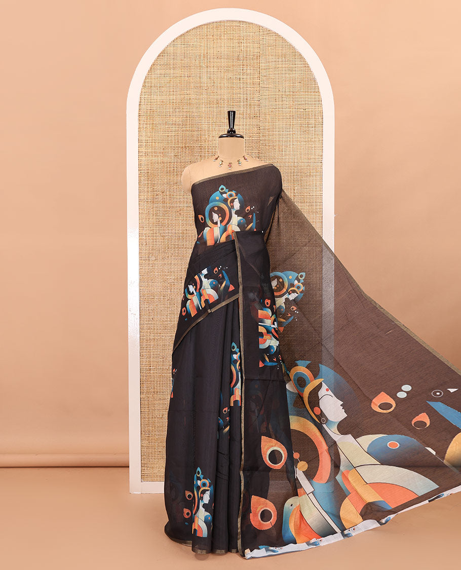 Borderless black modern art style Radha Krishna motifs printed chanderi cotton saree, big Radha Krishna motifs printed pallu and a contrast printed blouse