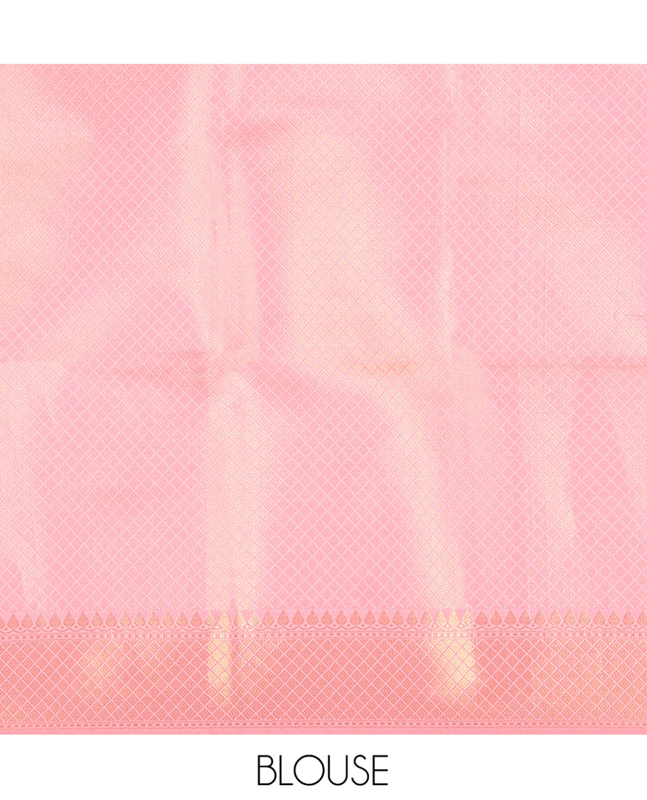 Pink Banaras Katan Silk Saree, Adorned with Brocade Design on Its Body, Complemented by a Contrast Traditional Zari Design Border, Grand Jaal Pallu, and Paired with a Contrast Blouse