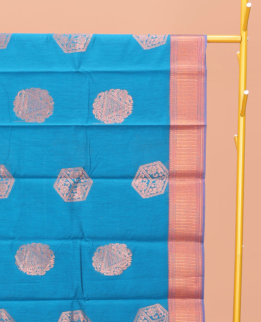 Blue Semi-Silk Cotton Saree, Decorated with Zari Buttas All Over Its Body, Highlighted by a Traditional Zari Border, Complemented by a Contrast Pallu of Geometric Designs, and Paired with a Contrast Blouse