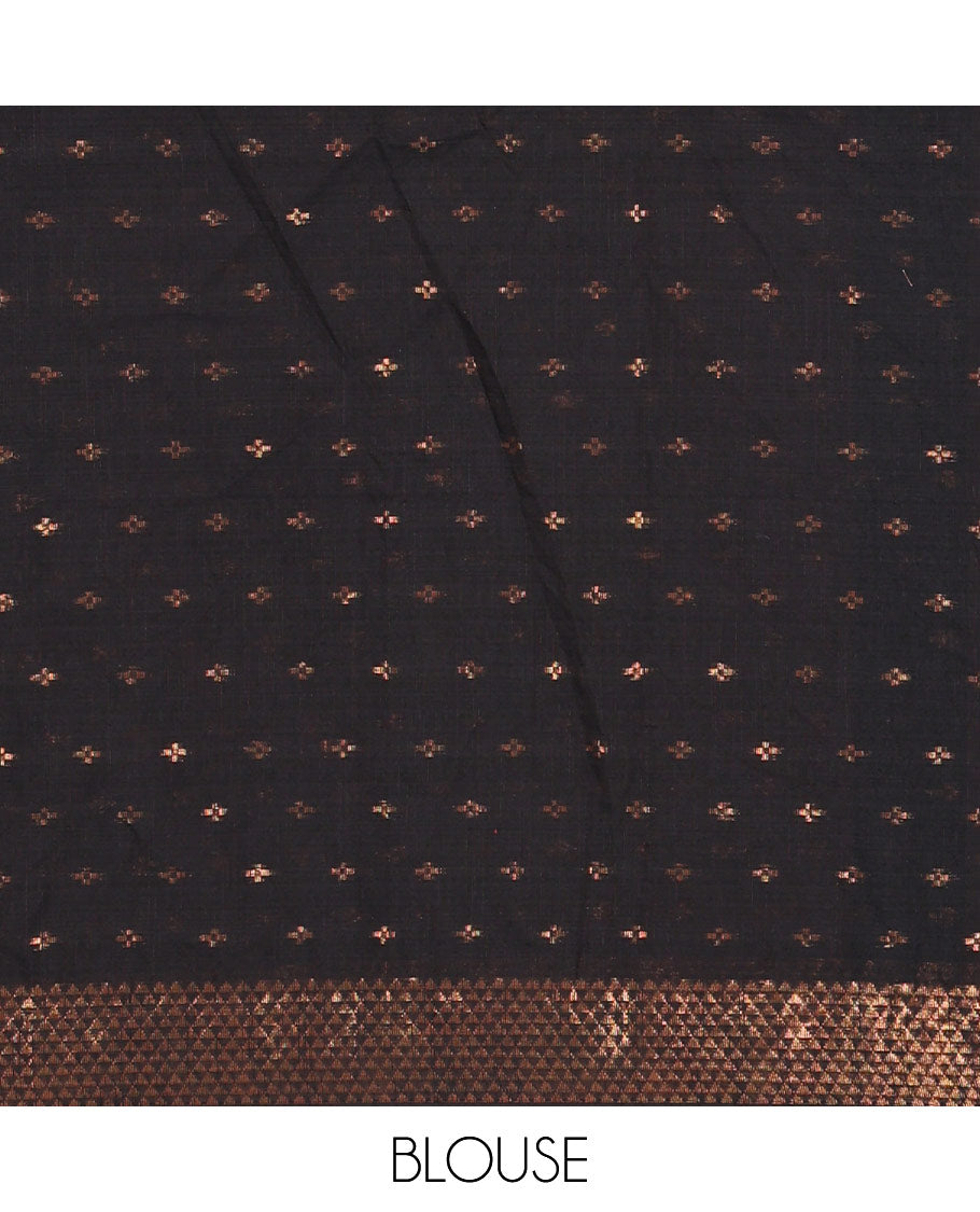 Black Khadi Mul Cotton Saree Beautified with Plus-Shaped Zari Buttas Across Its Body, Featuring a Subtle Zari Border Adorned with Triangle Motifs, a Tissue Pallu, and Complemented by a Running Blouse