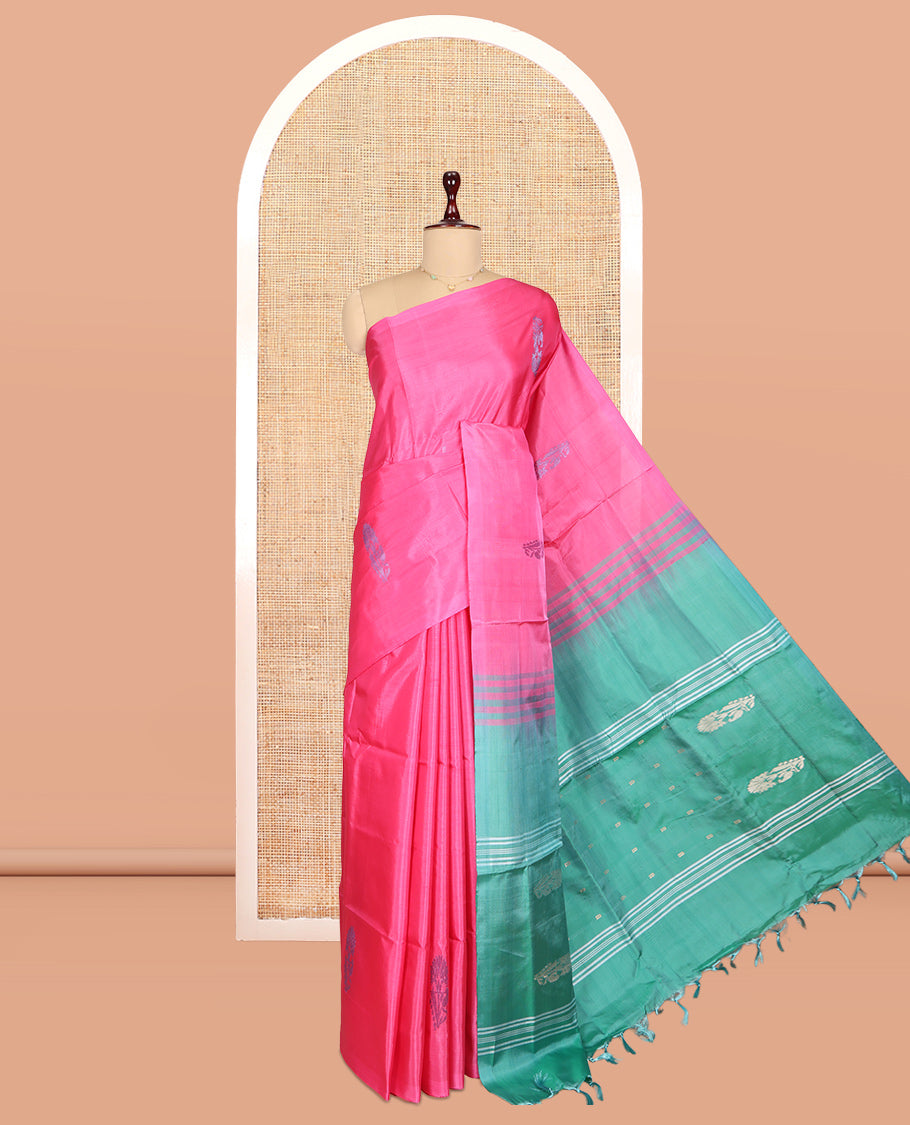 Borderless Pink Banana Pith Saree, Subtly Woven with Thread Buttas, a Contrast Pallu of Buttas and Stripes, and a Contrast Blouse