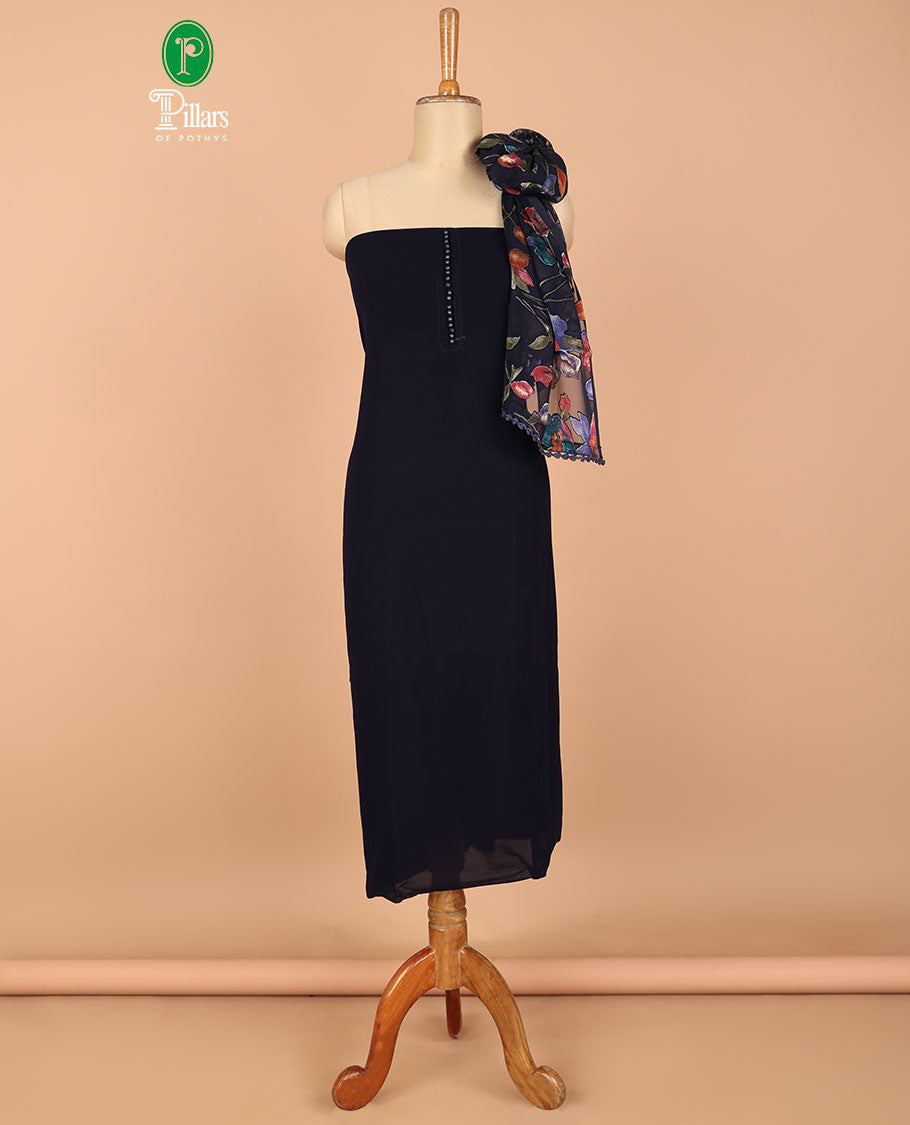 Ink blue chudidhar material fox georgette neck line bum bum boonti style with santoon material with lining pants & floral print , brosso dupatta