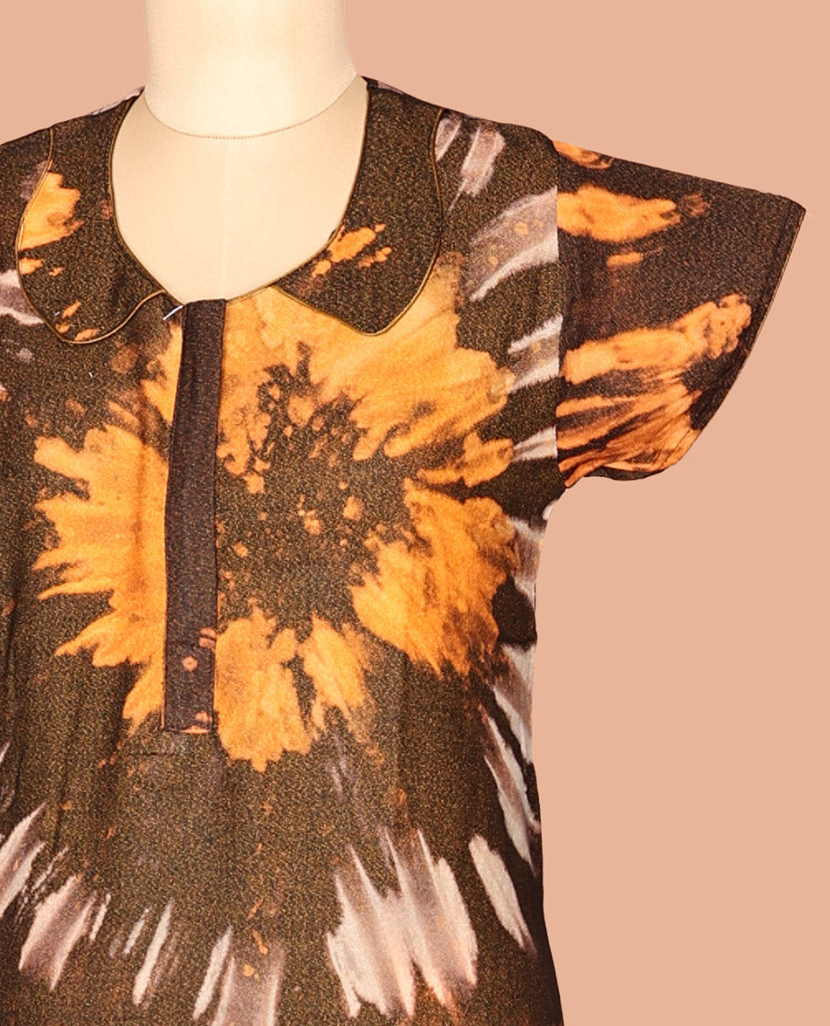 Brown Shibori Cotton-Blended Nighty