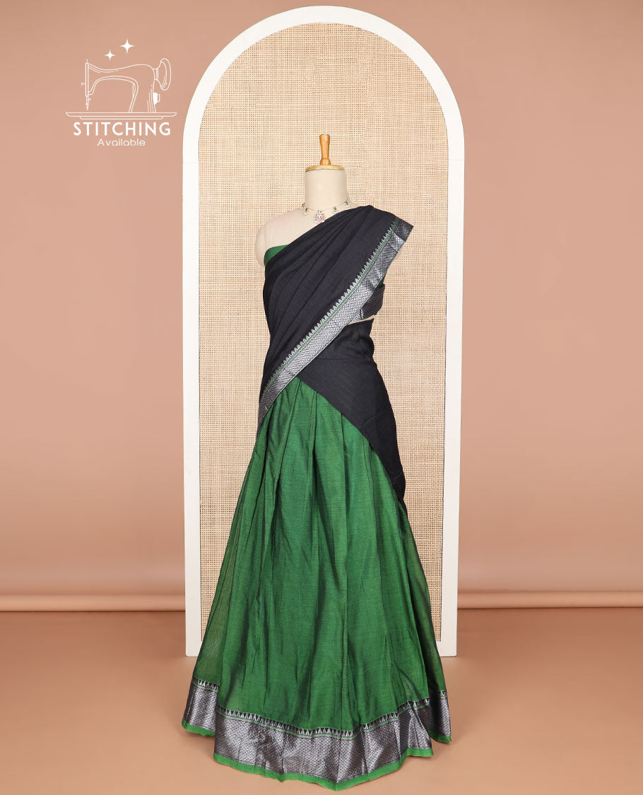 Green cotton half saree with contrast zari design border, zari design blouse & intricate zari design border dhavani