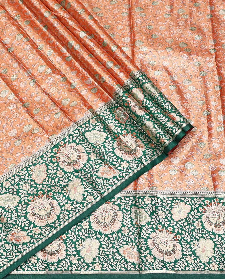 Orange Art Silk Half-Saree, Bedecked with Jacquard Design, Contrast Floral Zari Border, Paired with a Contrast Jacquard Blouse, and an Intricate Dhavani