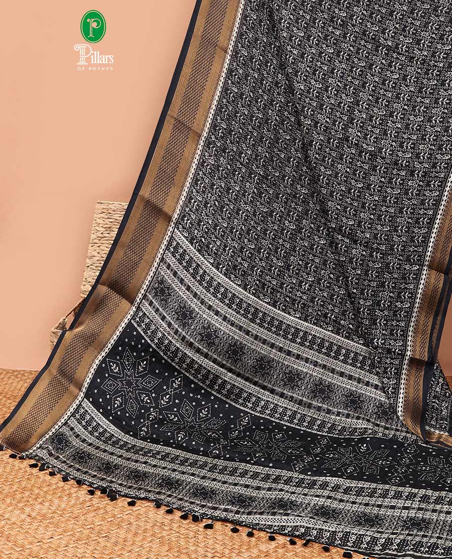Black all-over vareli print, sequence line dola silk saree with contrast copper thread gatti border & small butti design print blouse