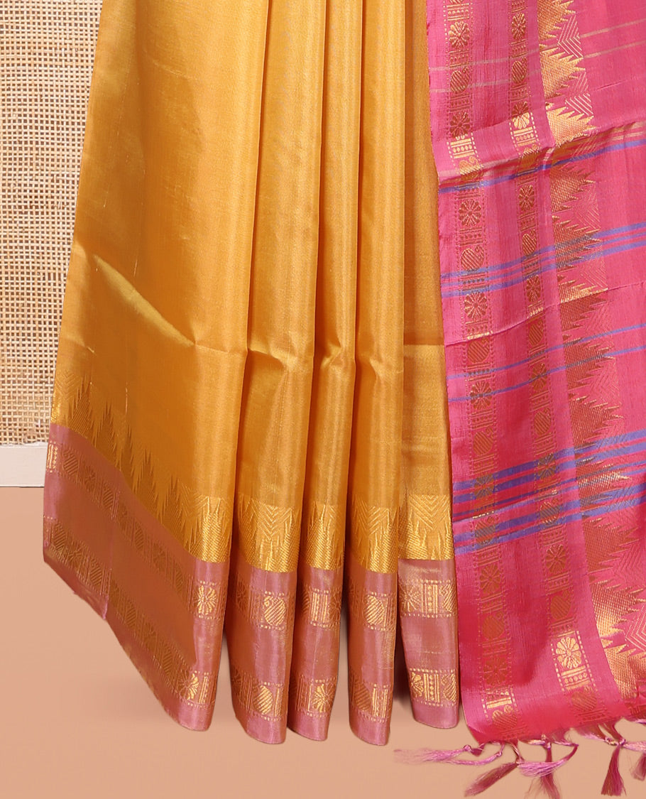 Yellow Banana Pith Saree, Sparsely Woven with Buttas, a Contrast Rettai Pettu Temple Border, Pallu of Buttas and Stripes, and a Contrast Blouse