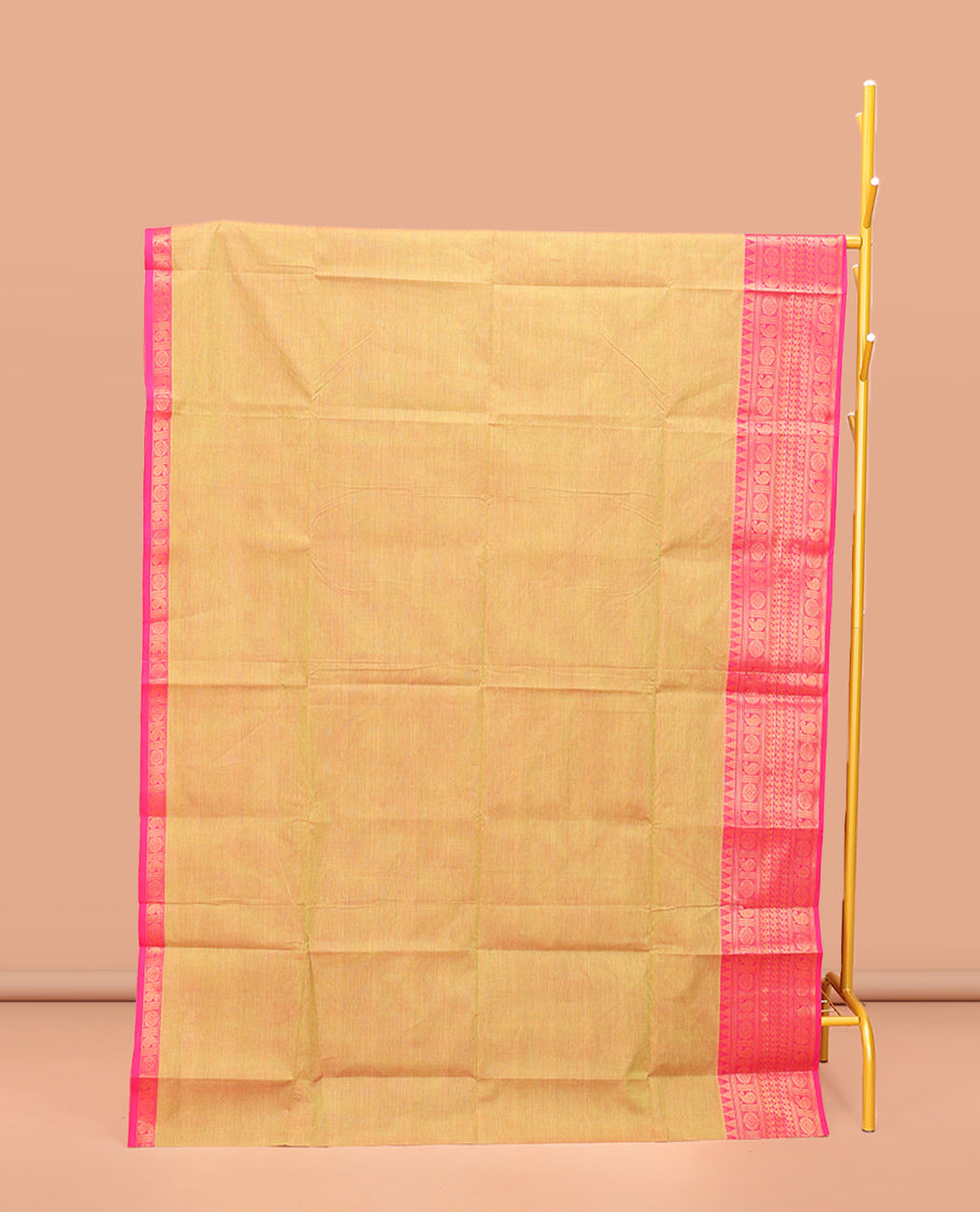 Yellow Plain Chettinad Cotton Saree, Complemented by a Contrast Traditional Zari Design Border, Pallu of Stripes, and Paired with a Matching Blouse