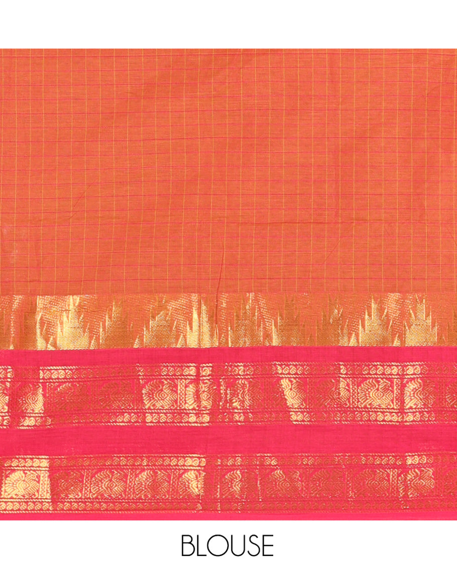 Orange Chettinad Cotton Saree, Subtly Enriched with Thread Buttas and Checks on Its Body, Complemented by a Contrast Temple Traditional Zari Design Rettai Pettu Border, Subtly Striped Pallu, and Paired with a Matching Blouse