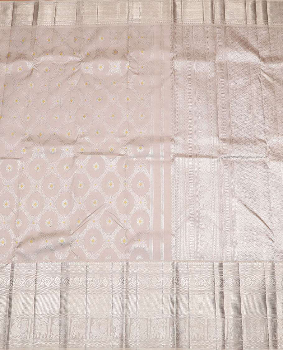 Pearl white meenakari jacquard silk saree, zari border of kodi visiry,neli,mayil & yaanai designs & grand gleaming zari woven pallu