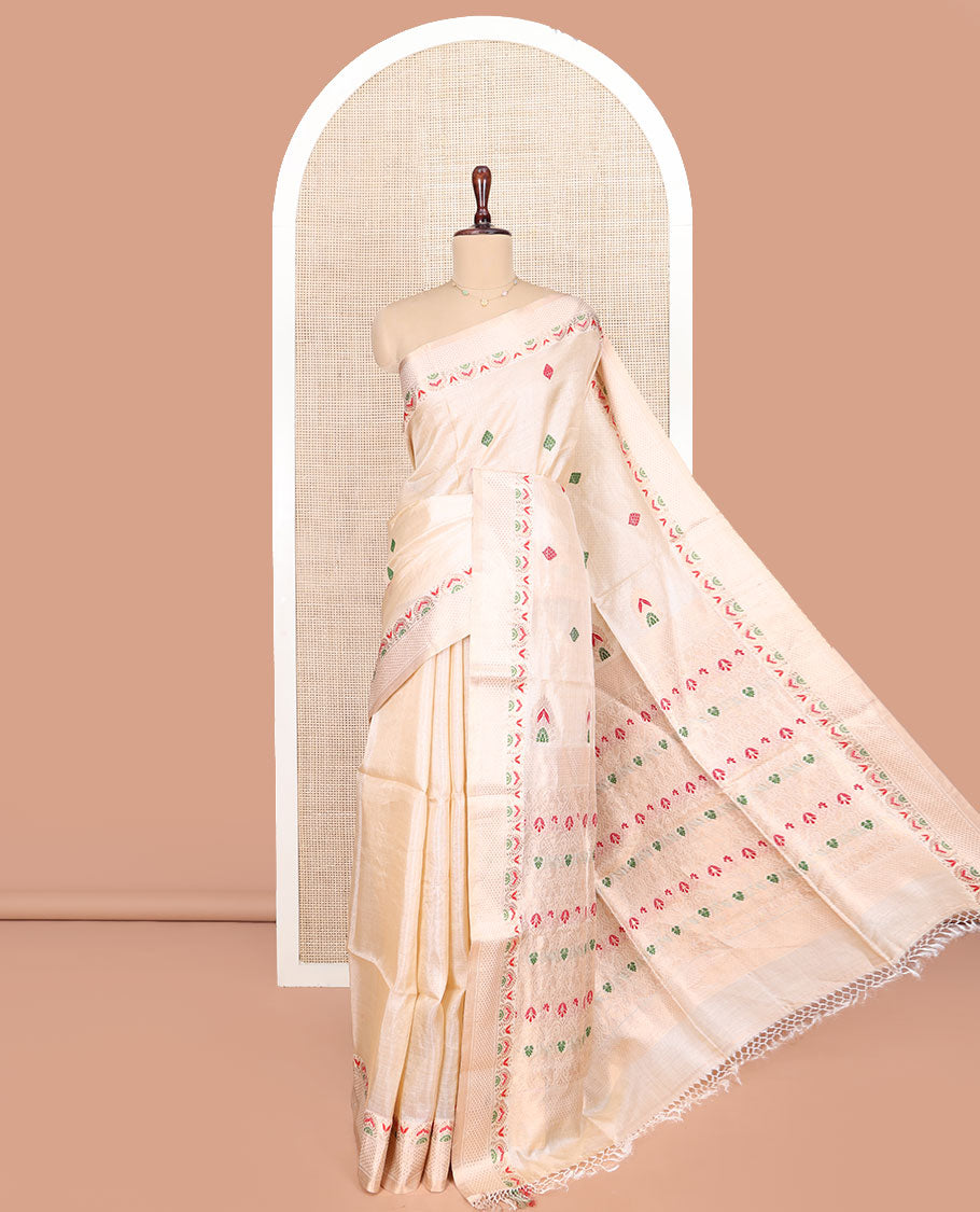 Cream Tussar Silk Saree, Woven with Buttas on Its Body, Subtle Border of Unique Motifs, Pallu of Ogee Patterns, and Paired with a Matching Blouse