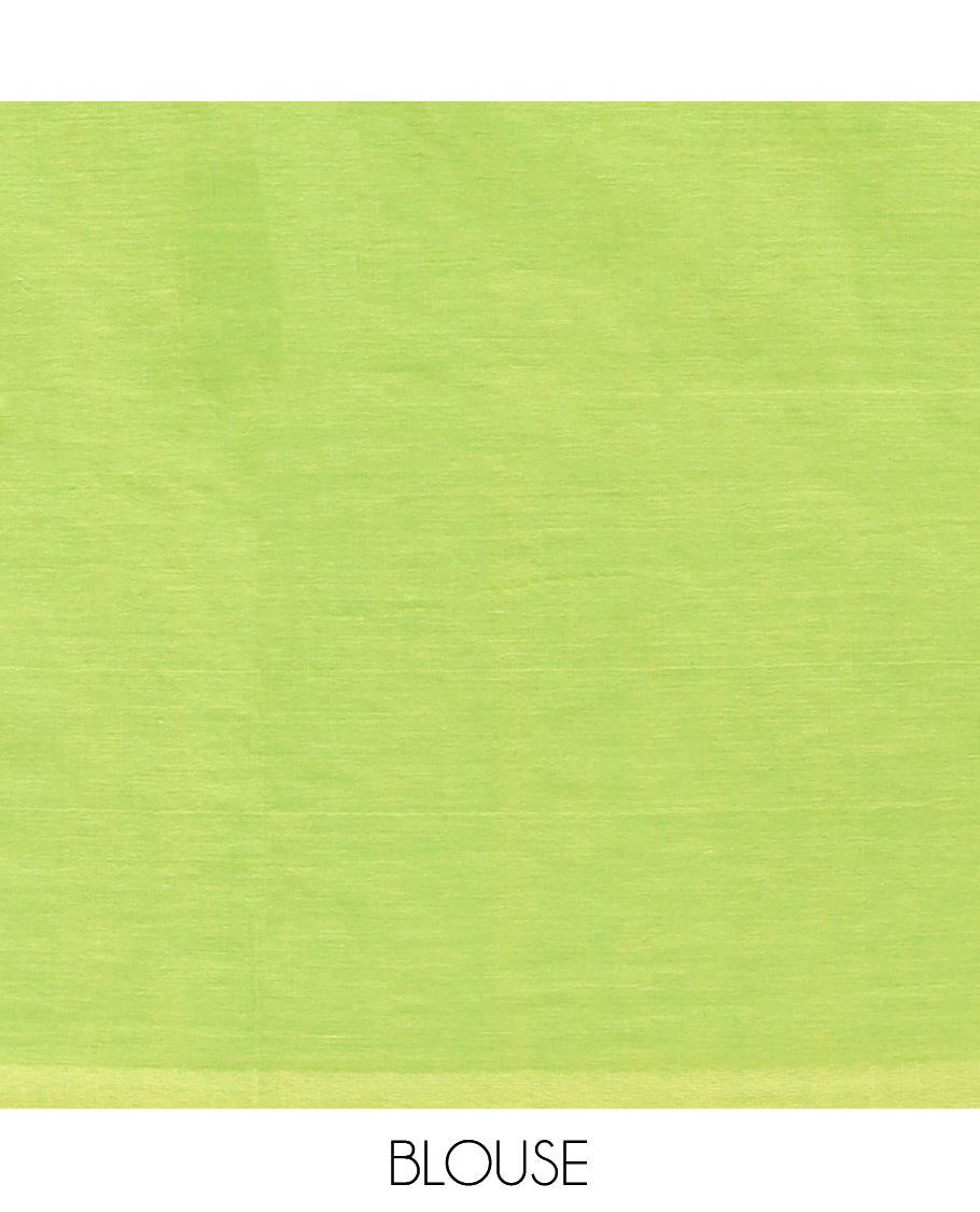 Parrot Green Khadi Mul Cotton Saree Features Floral Motifs Glitter-Print, a Piping Border, and a Matching Blouse