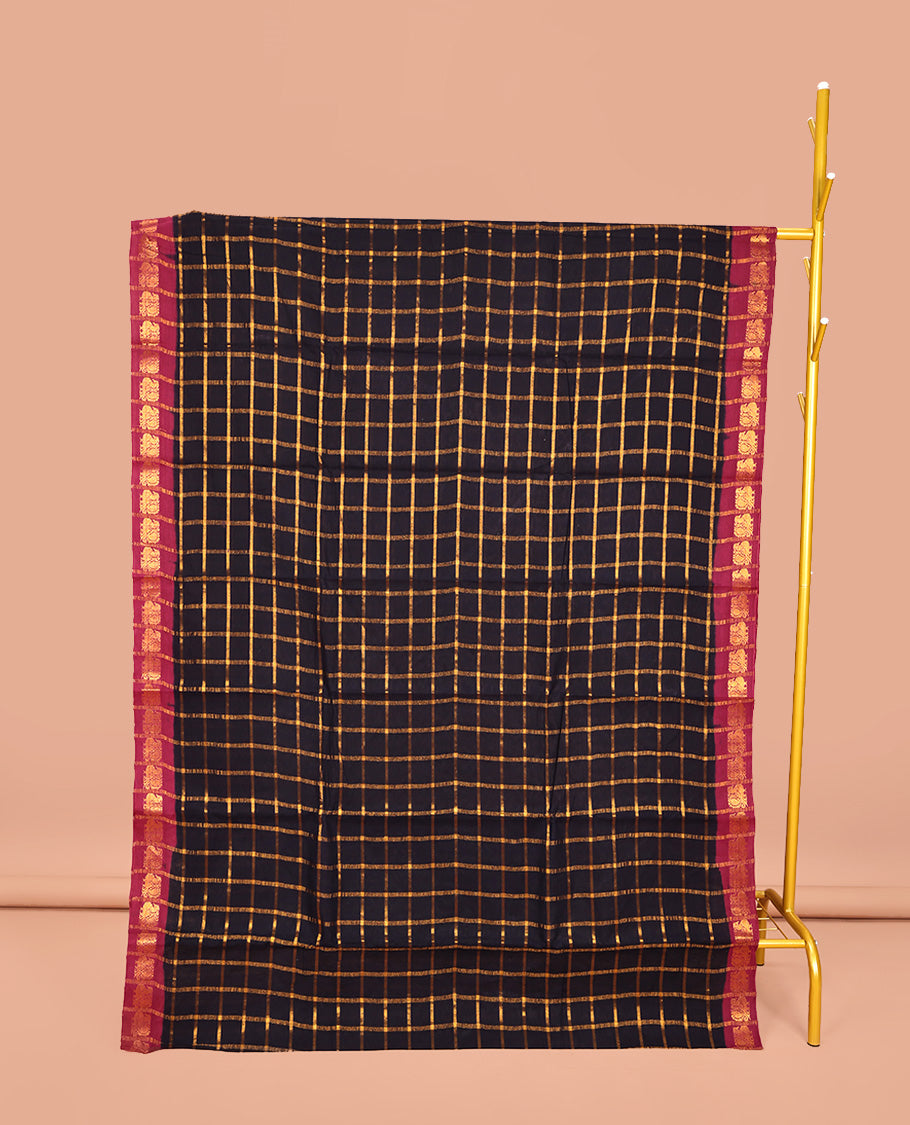 Black Sungudi Cotton Saree, Adorned with Zari Checks on Its Body, Complemented by a Contrast Peacock Motifs Woven Zari Border, Zari-Checked Pallu, and Paired with a Contrast Blouse