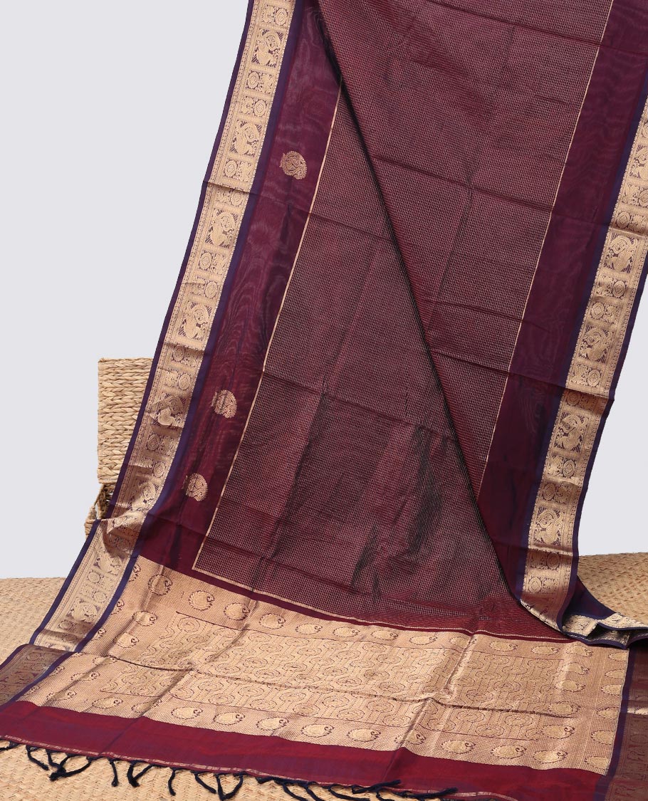 Brown checked cotton silk saree with self zari design border & intricate floral zari design pallu