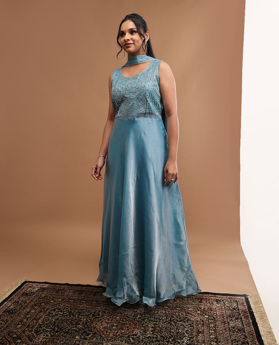 Blue embroidery round neck, sleeveless , floor lenght & embroidered dupatta