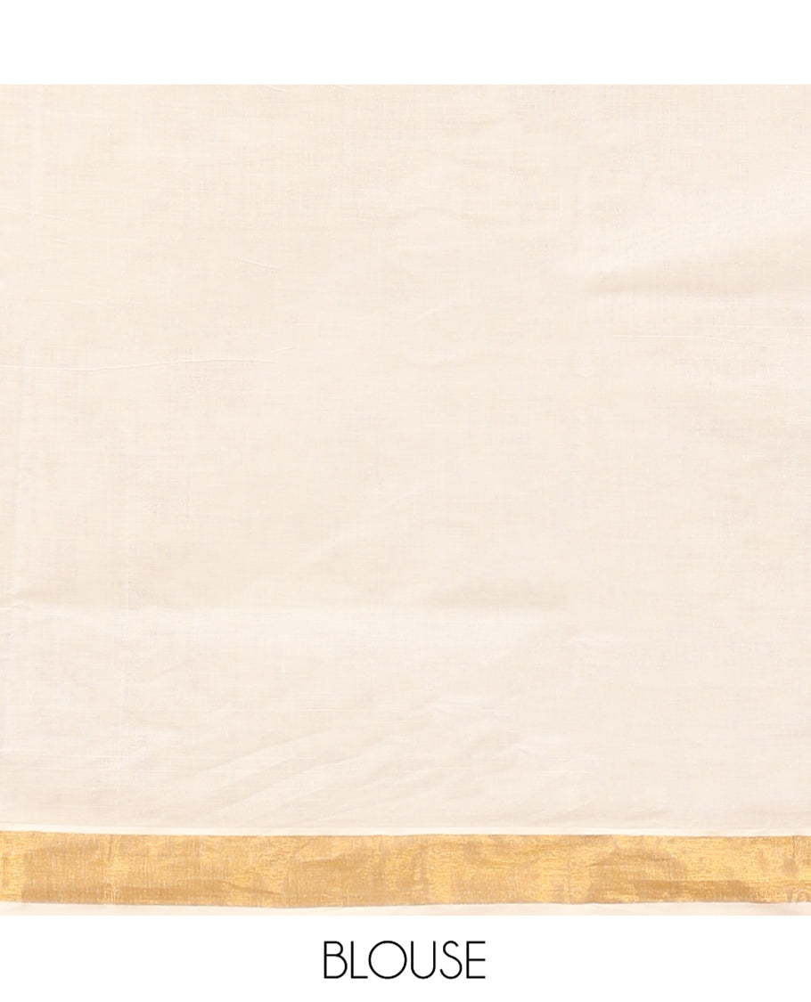 Cream Kerala Cotton Saree, Enthralled with Zari Stripes All Over Its Body, a Subtle Bavanji Border, Pallu of Intricate Designs, and Is Paired with a Matching Blouse