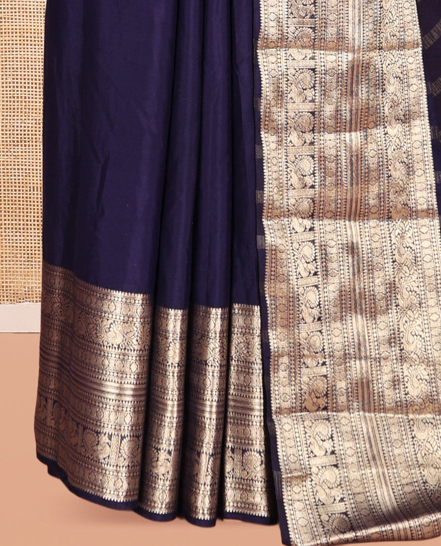 Navy Blue Plain Semi-Mysore Silk Saree