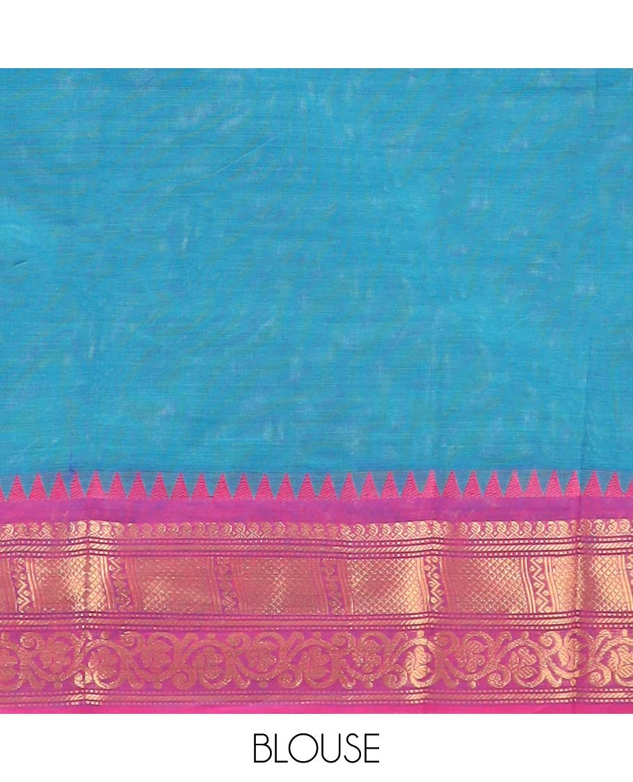 Blue floral buttas chettinad cotton saree contrast intricate zari design border & striped , floral design pallu