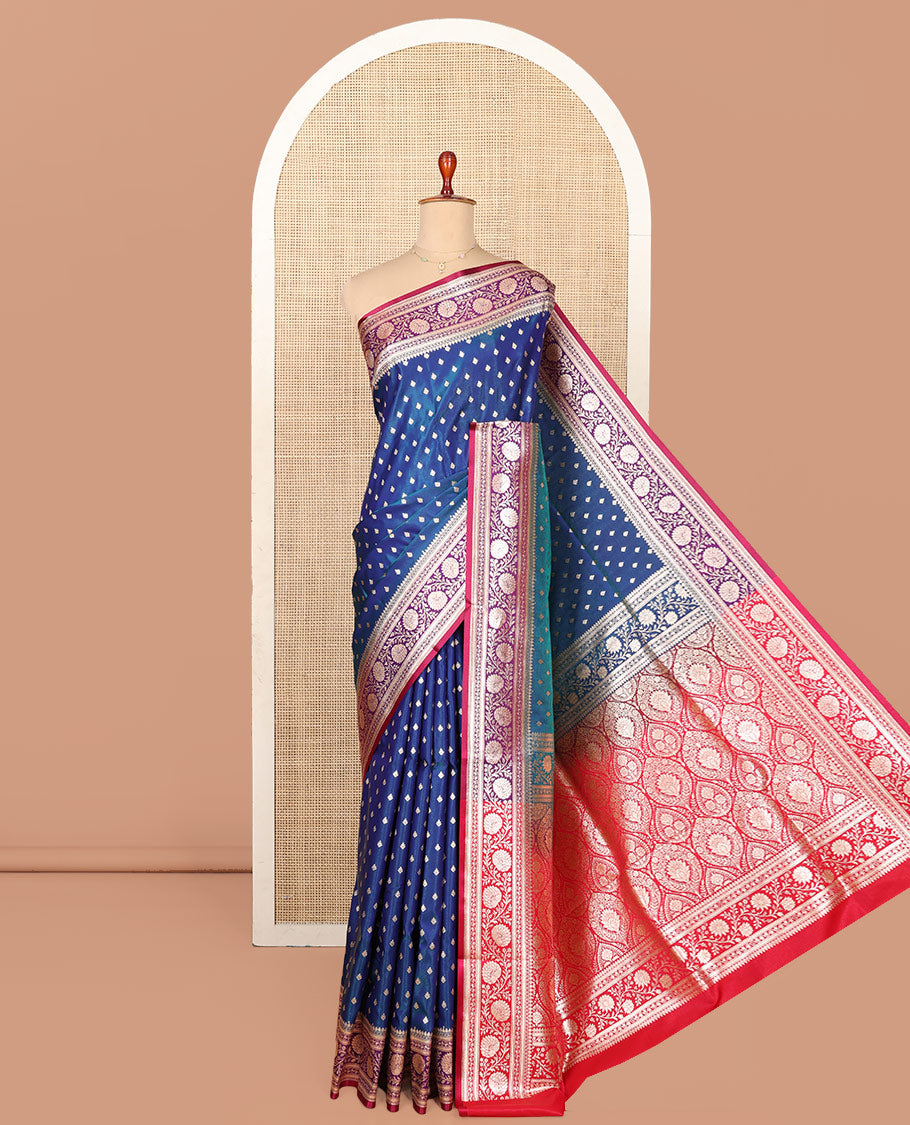 Blue Semi-Banaras Saree, Beautified with Buttas on Its Body, Complemented by a Contrast Floral Creeper Design Border, Intricately Designed Pallu, and Paired with a Contrast Blouse