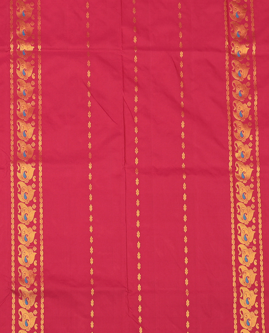 Red Art Silk Pavadai Material Set, Detailed with Zari Designs on Its Skirt, Complemented by a Contrast Traditional Zari Border, and a Matching Blouse