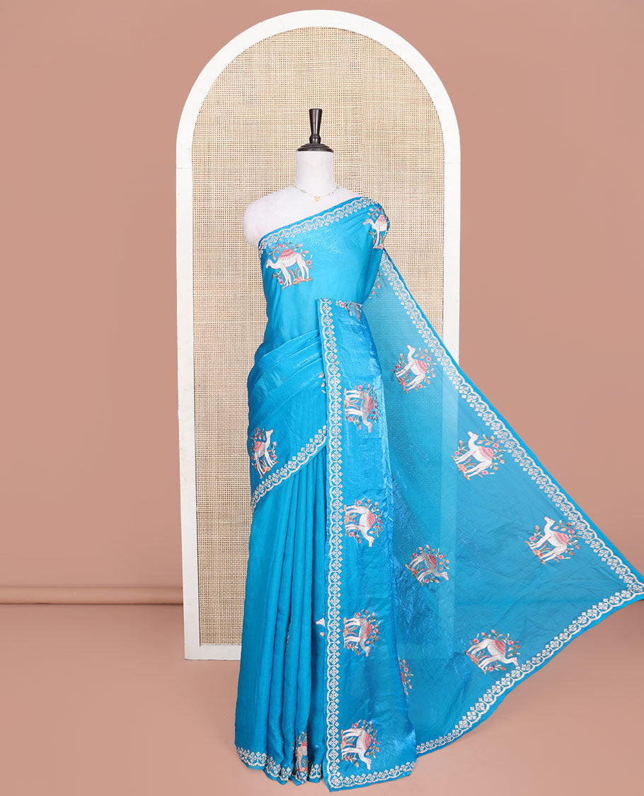 Blue Designer Saree, Finely Crafted with Camel Embroidered Buttas on Its Body, Subtle Scallop Stone Work Border, Self-Pallu of Camel Embroidery Buttas, and Paired with a Matching Blouse
