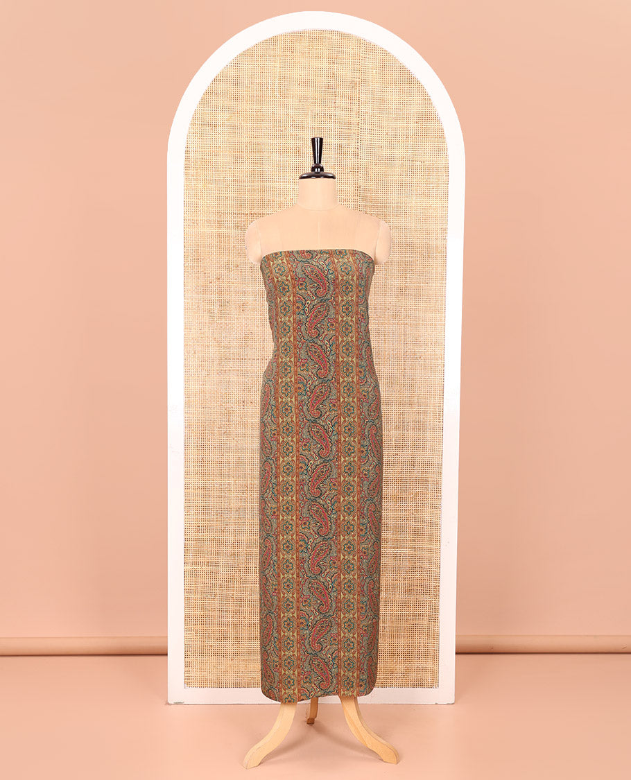 Light Mehendi Material Chudidar Set Intricately Printed with Paisley Motifs on the Italian Crepe Top, Subtly Negative Printed Bottom, and Italian Crepe Dupatta of the Same Paisley Prints