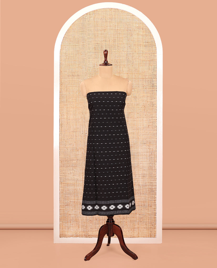 Black-Grey Handloom Cotton Material Chudidar Set, Finely Crafted with Stripes Top, Contrast Striped Bottom, and an Ikat Dupatta
