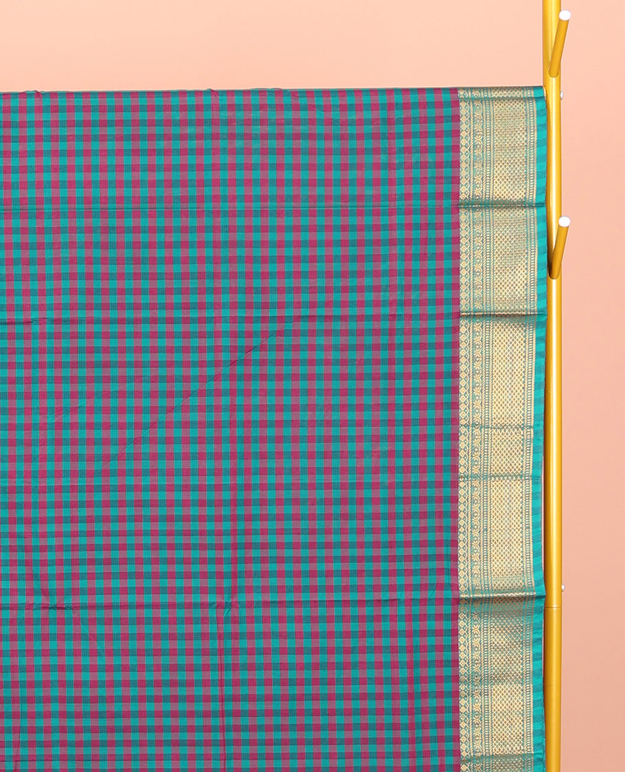 Blue-Red Chettinad Cotton Saree, Adorned with Micro-Checks, Highlighted by Traditional Zari Border, Striped Pallu, and No Blouse