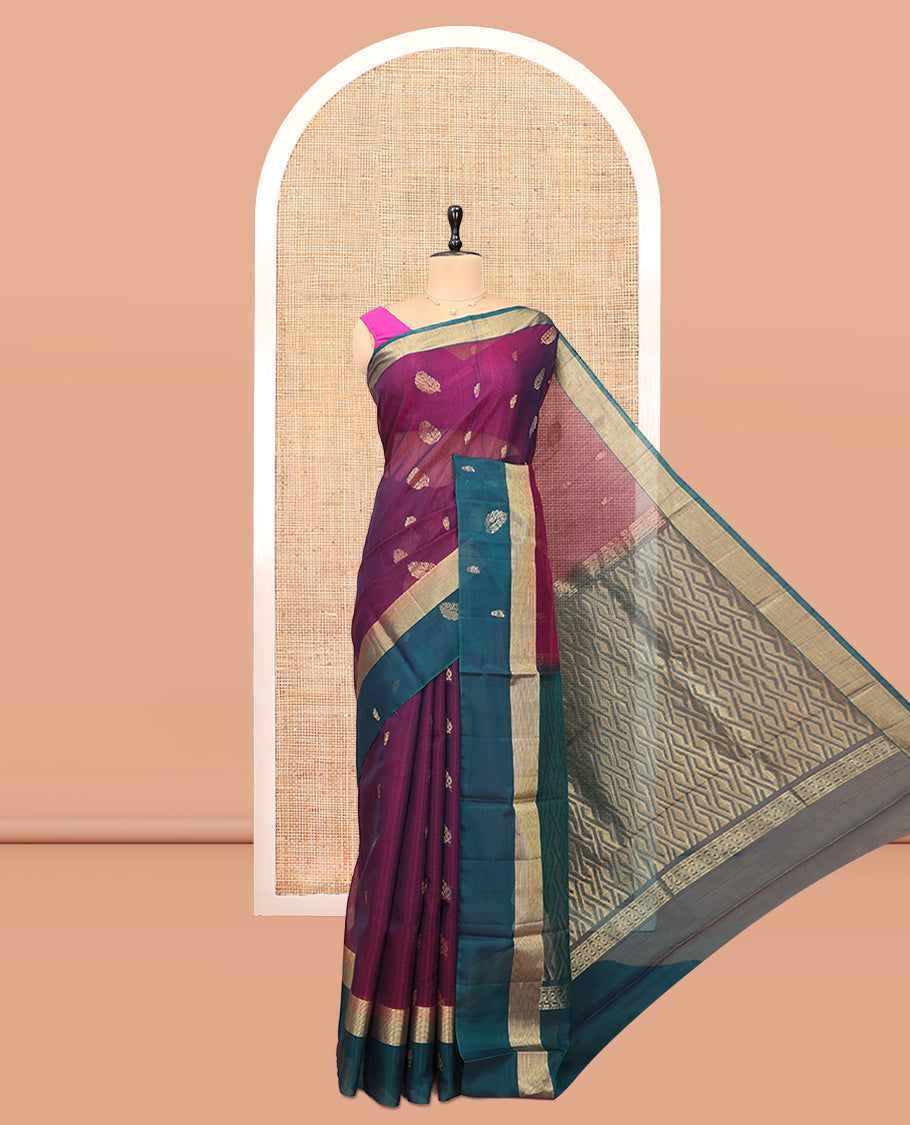 Purple Silk Cotton Saree, Bedecked with Zari Buttas, a Contrast Leaf Motif Border, Geometric Pallu, and a Contrast Blouse