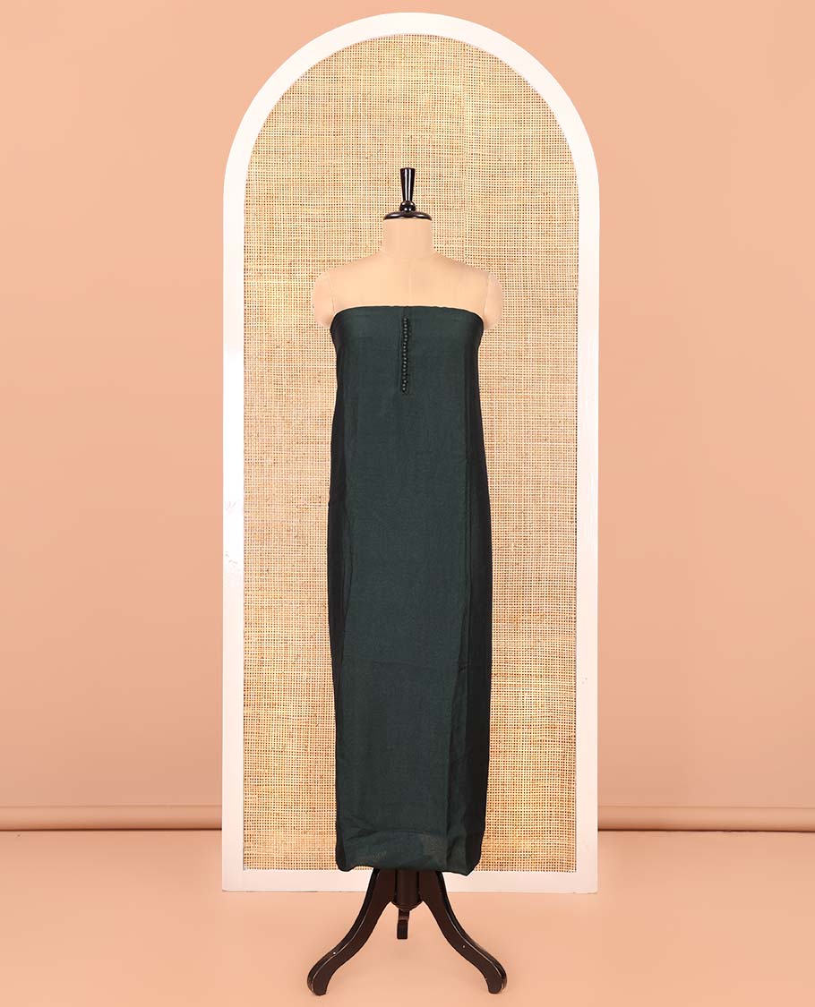 Bottle Green Material Chudidar Set, Subtly Woven with Pom-Pom Potli Neck Vichitra Silk Top, a Plain Santoon Bottom, Paired with Crushed Georgette Dupatta of Ajrakh Print and Mirror Work