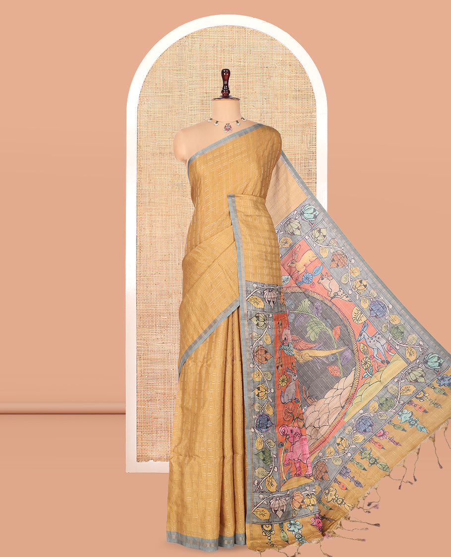 Yellow Fancy Tussar Silk Saree, Embellished with Checked Design, Contrast Zari Piping Border, Pallu of Kalamkari Motifs, and Contrast Kalamkari Printed Blouse